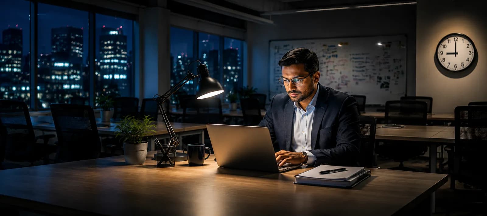 A professional working alone at a laptop in an empty office at night