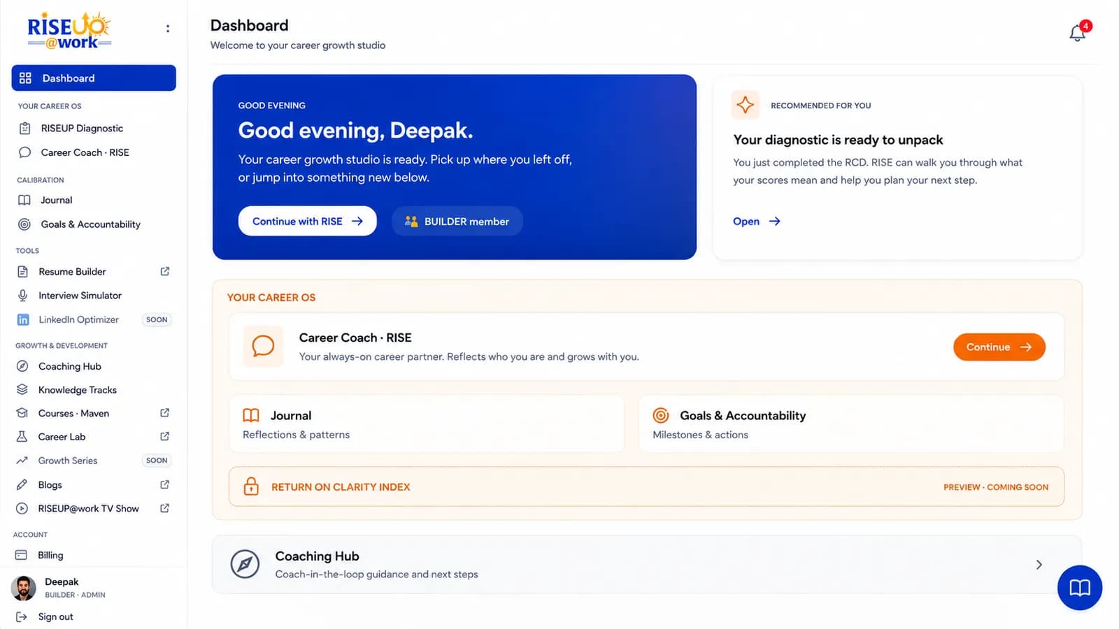 The RISEUP platform dashboard showing the RISE AI coaching interface